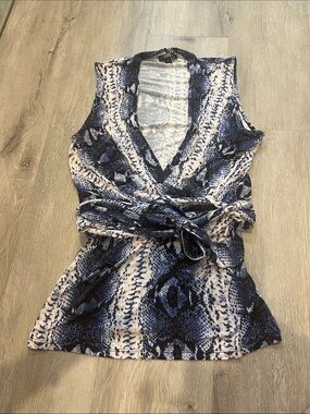Cache Blue and White Snake-Print Wrap Camisole Top with Tie